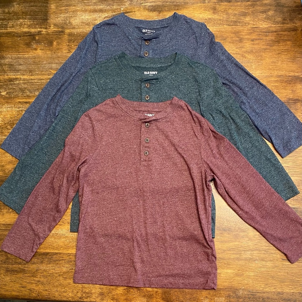 Old Navy Henley Shirts in Burgundy, Teal, and Navy